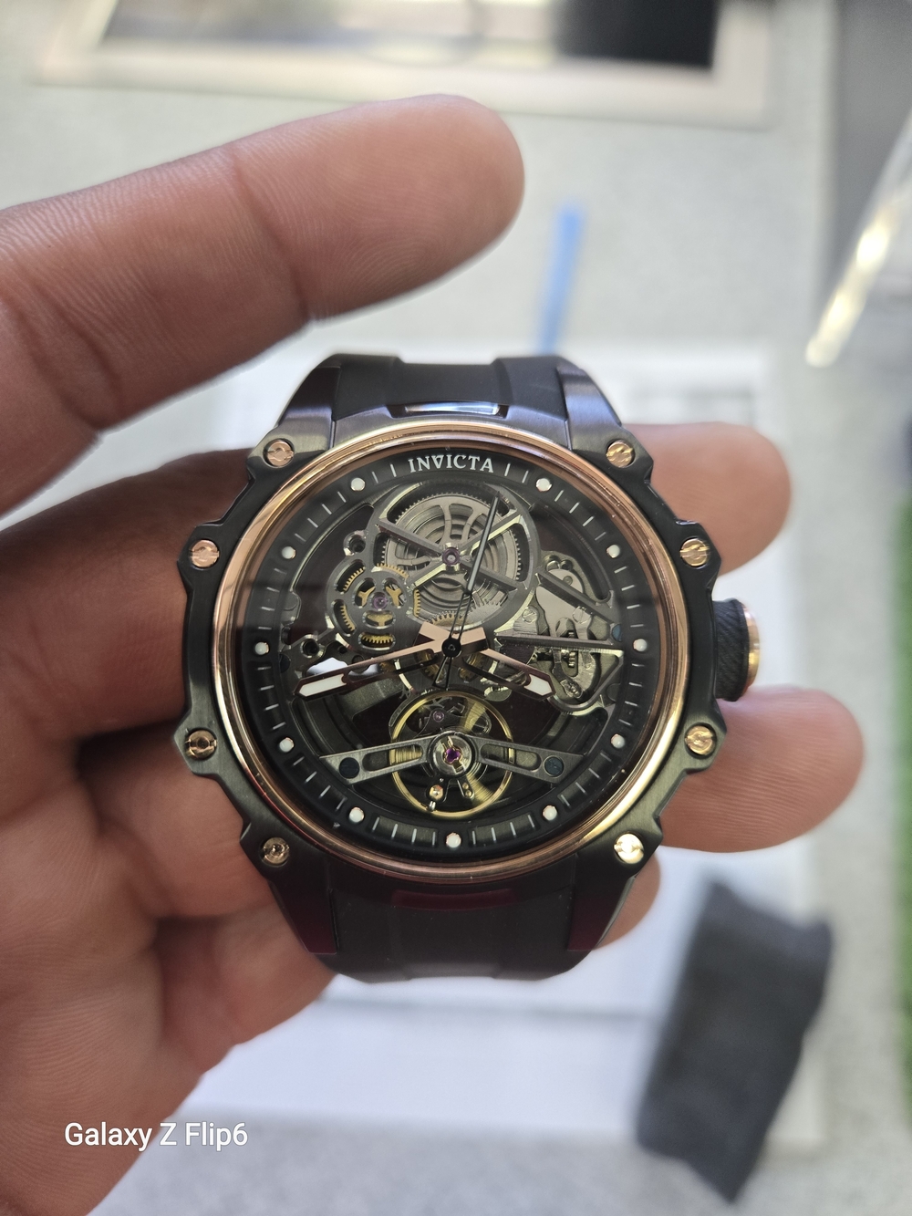 Invicta Skeleton Dial Men's Watch in Black and Rose Gold